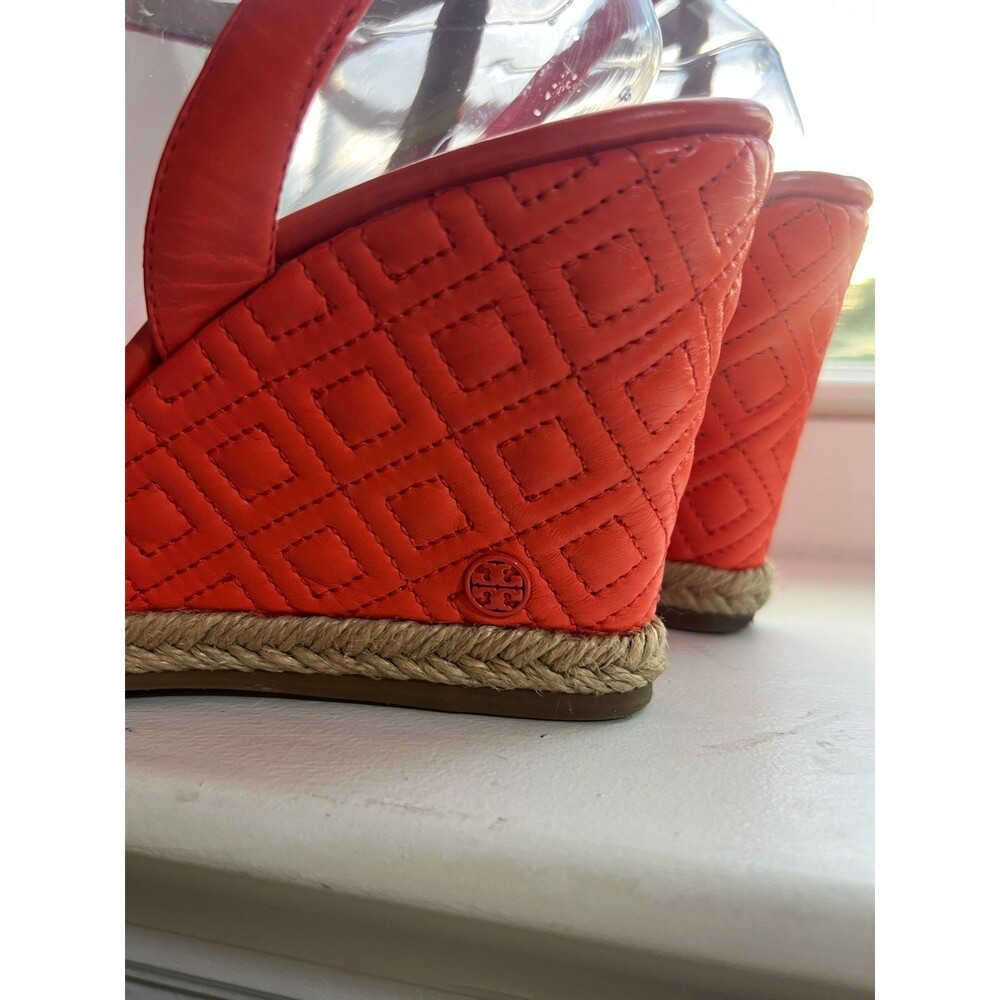 Tory Burch Marion Leather Quilted Wedge Strappy Sandals in Orange Women’s Size 9 - Picture 6 of 12